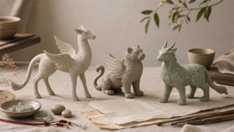 Three varied Tianlu-inspired winged beast study sculptures in stone, clay, and muted jade tones