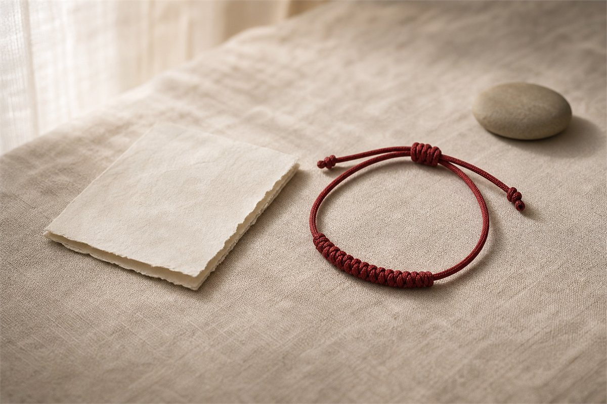 Simple deep-red woven bracelet beside a blank handmade paper note on oatmeal linen