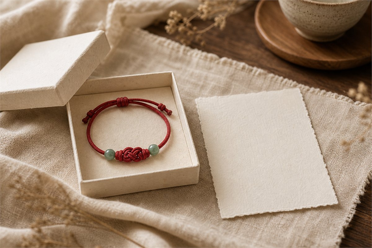 Red endless-knot bracelet with blue-green beads in an ivory paper gift box beside a blank card
