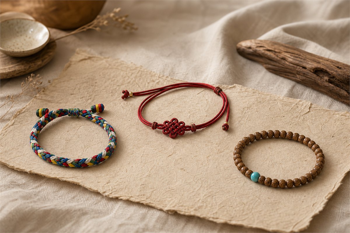 Five-color woven cord, endless-knot cord, and seed-bead wrist bracelet arranged separately on handmade paper