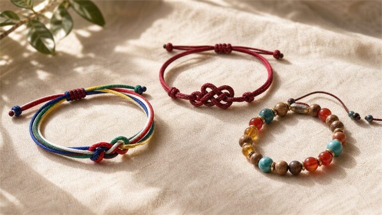 Five-color cord, endless-knot cord, and mixed-bead Tibetan-inspired bracelets on warm ivory linen
