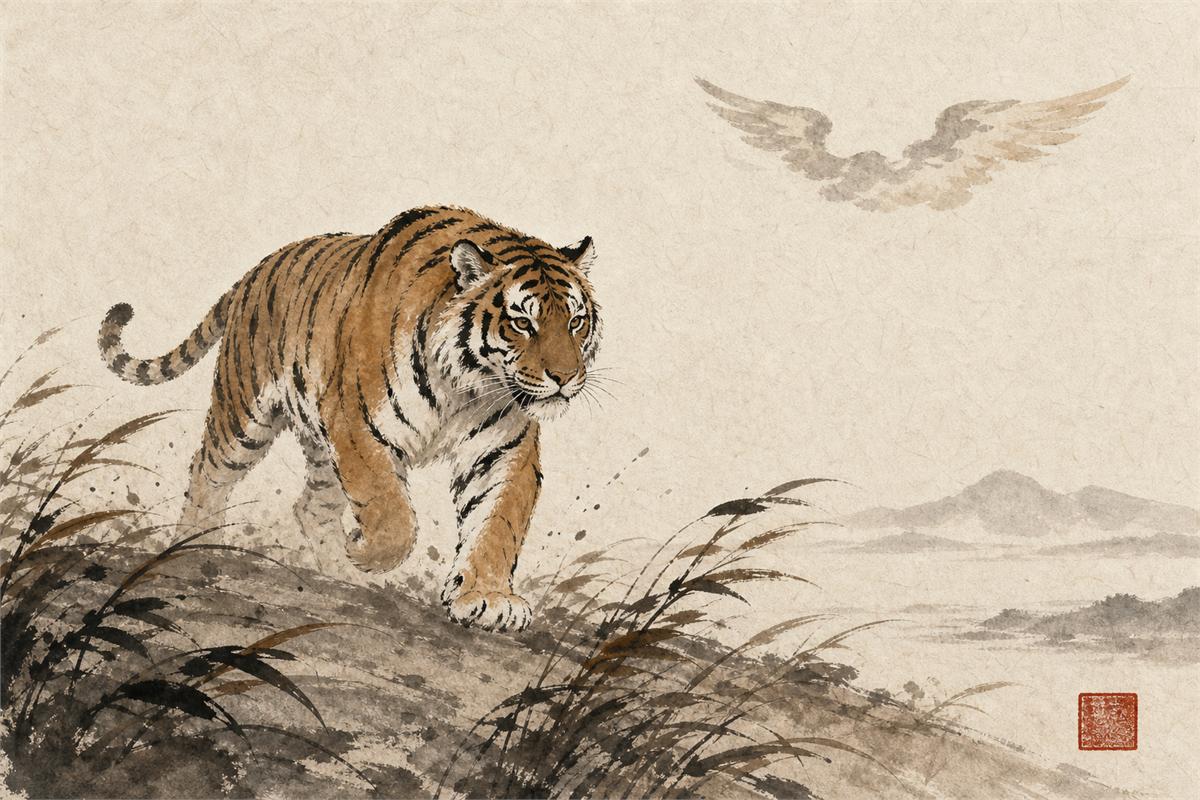 Ink-and-wash tiger moving through grasses beneath a wing-shaped cloud