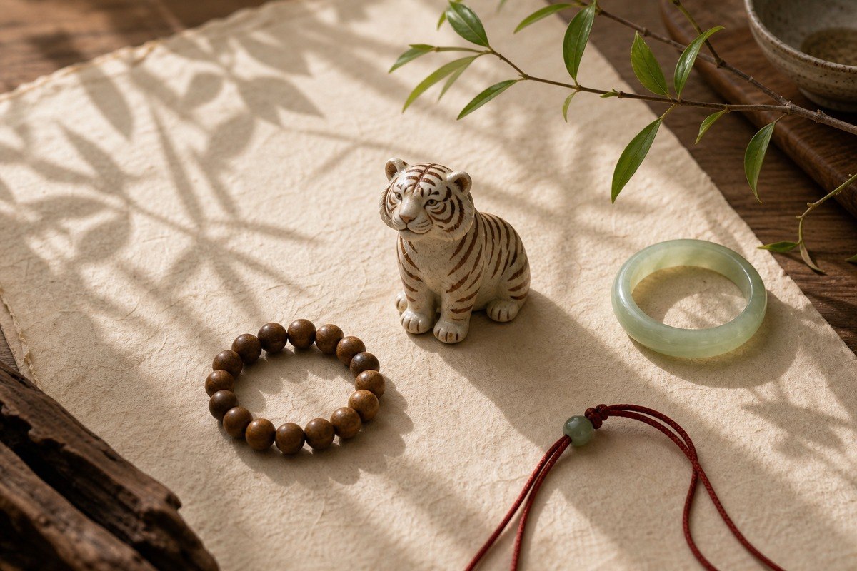 Tiger zodiac figurine with branch shadows, jade ring, wood beads, and red cord on handmade paper.