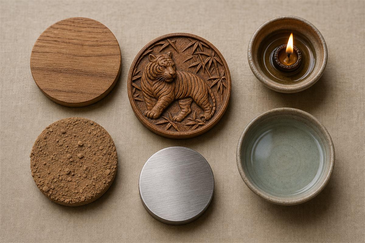 Wooden tiger token with wood, flame, earth, metal, and water samples
