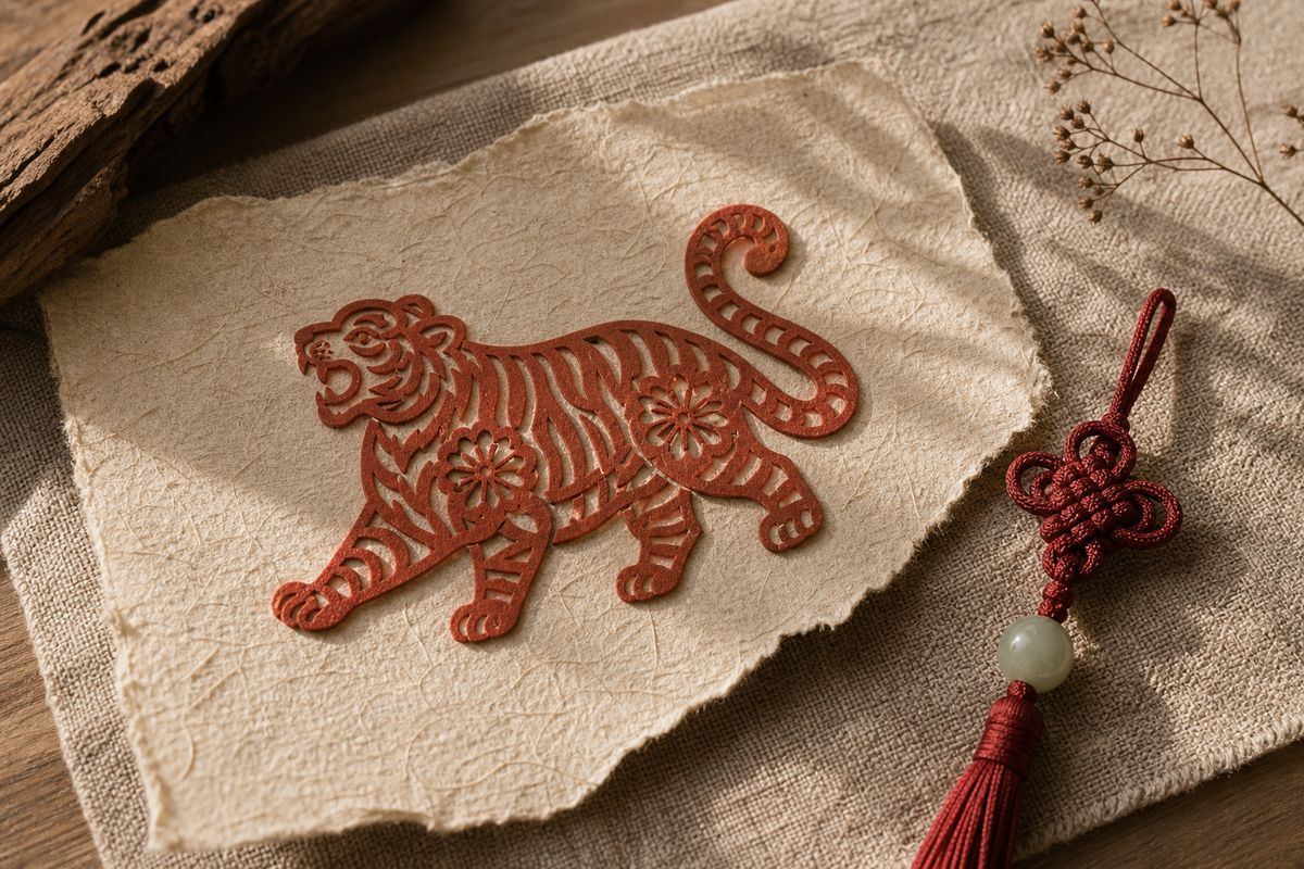 Layered paper-cut Tiger motif with red knot, jade bead, woven textile, and handmade paper.