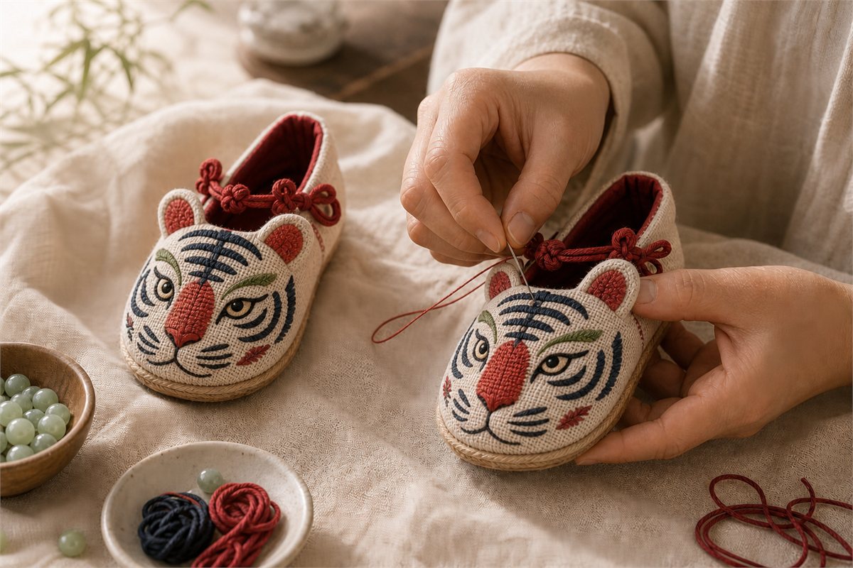 Artisan stitches a pair of padded children’s shoes embroidered with clear tiger faces