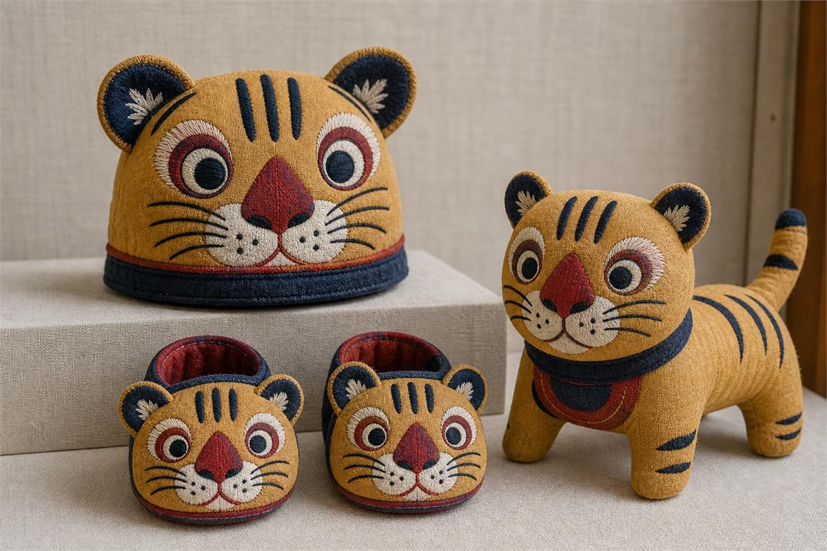 Embroidered tiger-head shoes, soft hat, and cloth tiger toy on a museum display