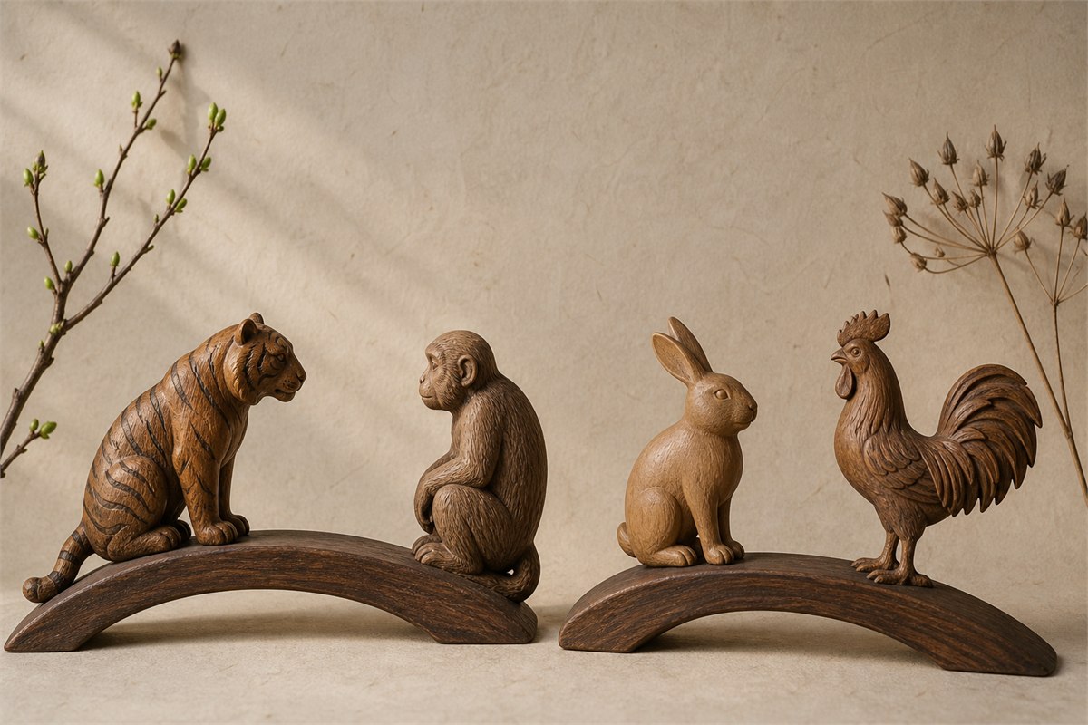 Carved tiger and monkey figures beside a separate rabbit and rooster pair