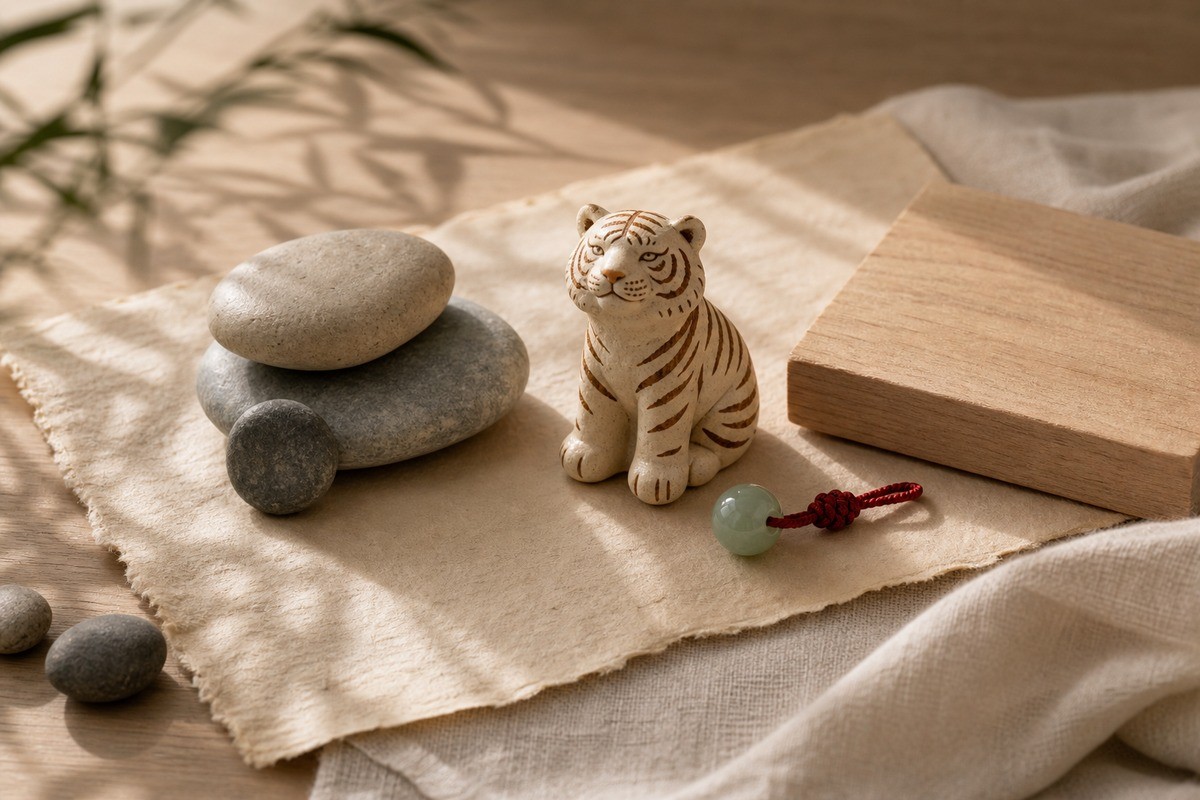 Tiger zodiac figurine balanced with smooth stones and pale wood on warm linen.