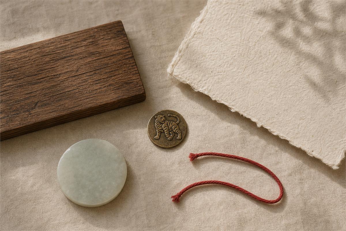 Bronze Tiger seal, wood grain, jade sample, red cord, and blank calendar paper arranged as design materials