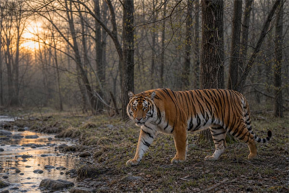 Realistic tiger walking through an early-spring woodland at first light