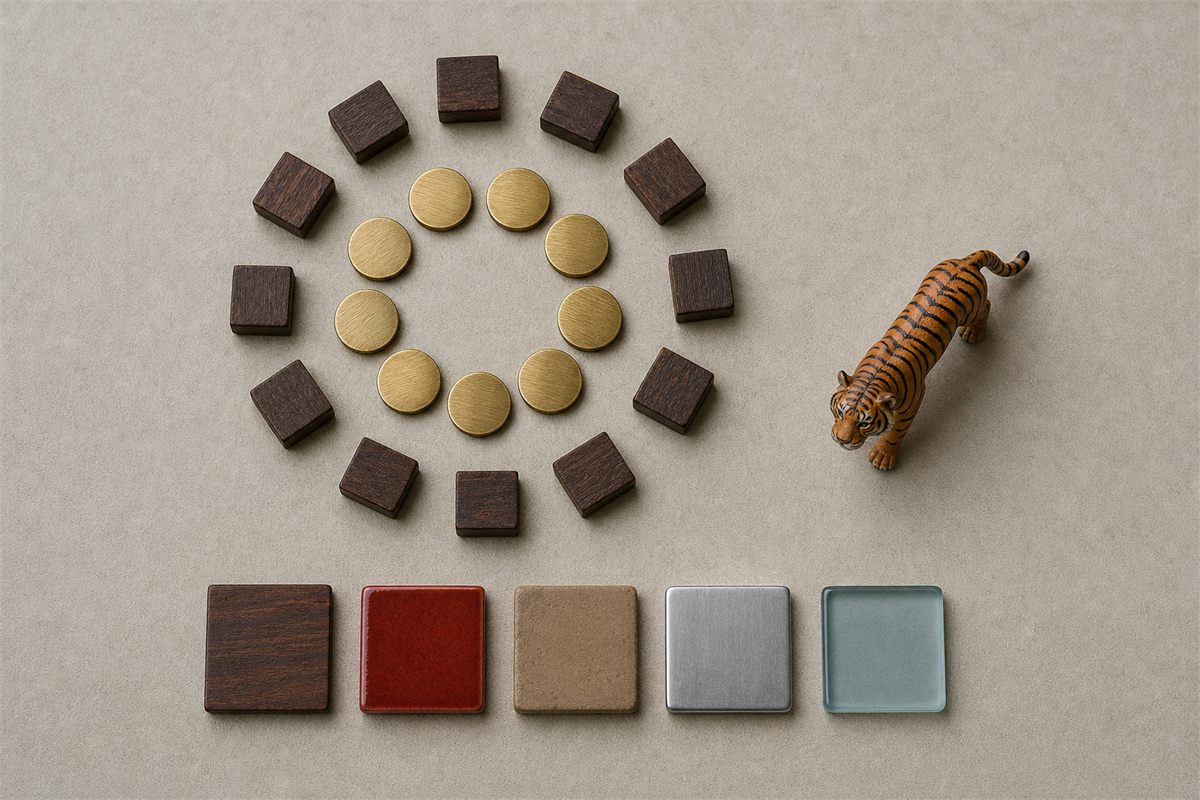 Ten brass counters inside twelve wooden counters with a tiger figure and five material swatches