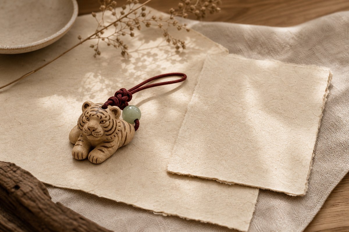 Small Tiger zodiac keepsake with jade bead and red cord on warm handmade paper.
