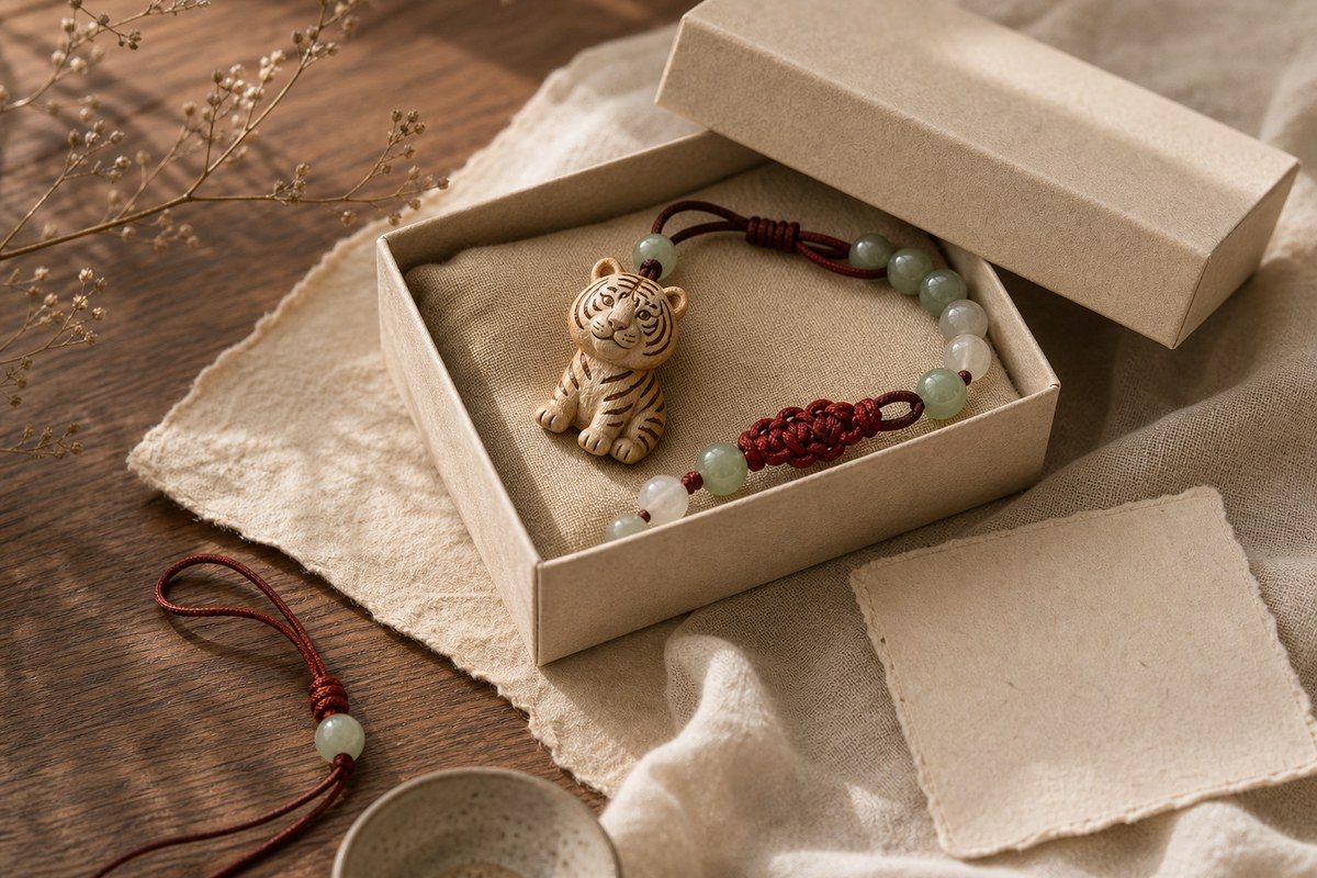 Neutral gift box with a Tiger charm, jade bead bracelet detail, red cord, and blank card.
