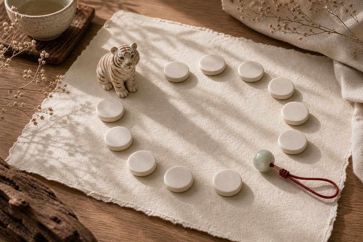 Blank ceramic zodiac tokens with a Tiger figurine, jade bead, and red cord on warm handmade paper.
