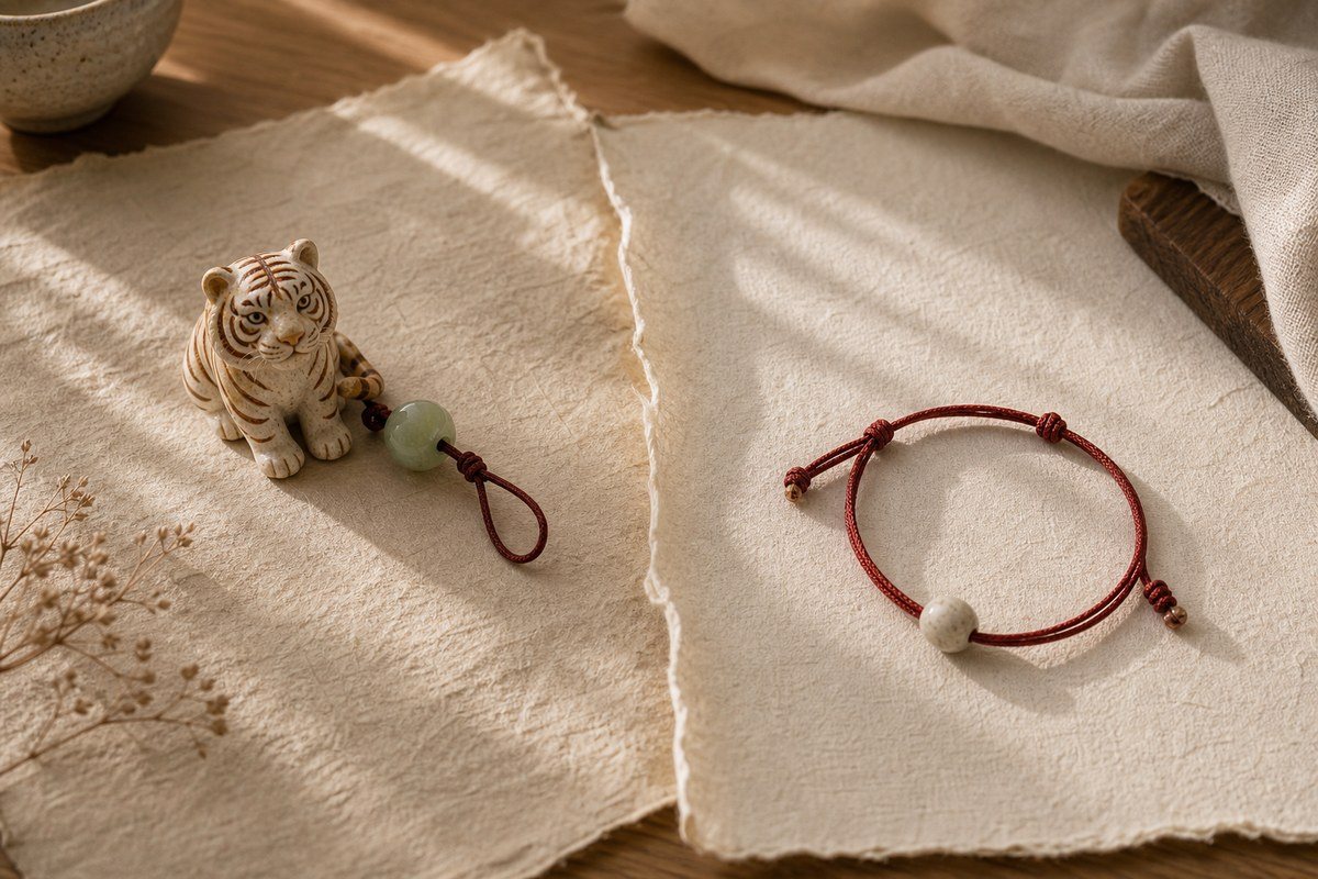 Tiger zodiac keepsake and simple red cord placed on separate handmade paper areas.