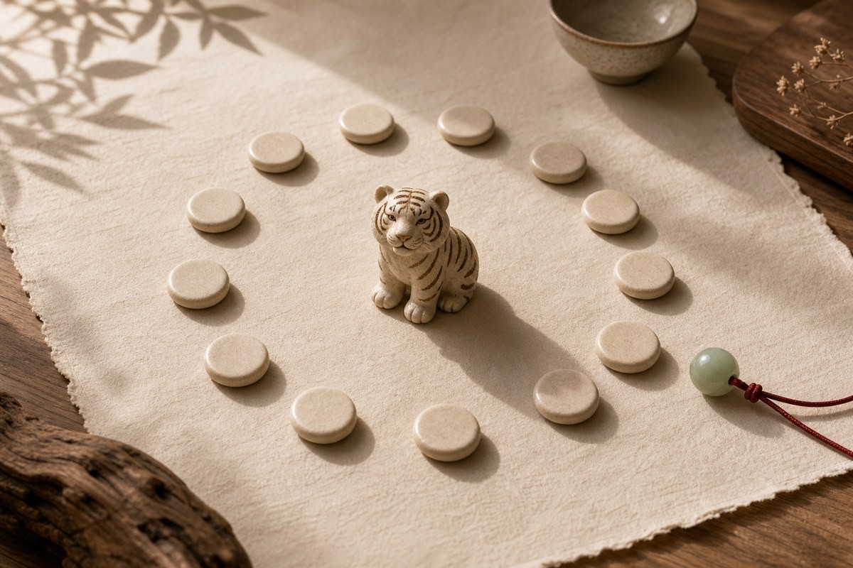 Tiger zodiac figurine inside a circle of blank ceramic tokens on warm handmade paper.