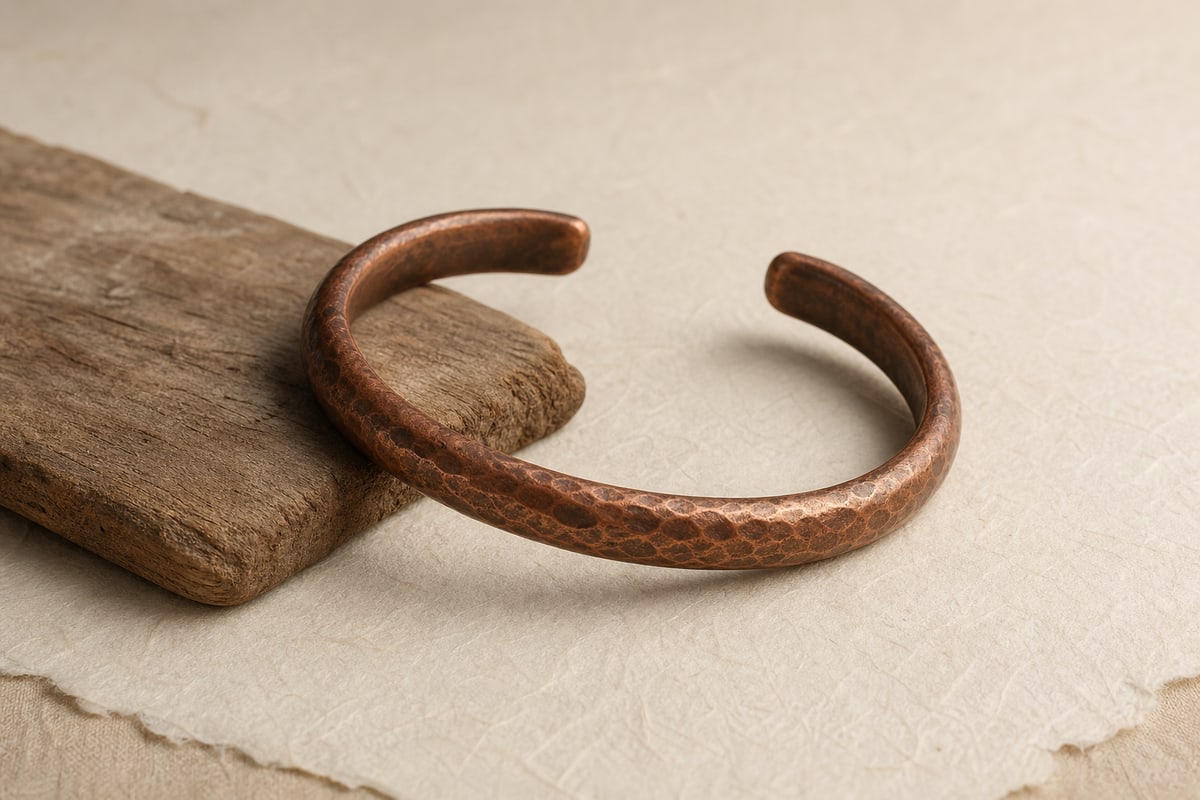 Hammered red copper cuff with warm high points and stable brown patina on ivory paper
