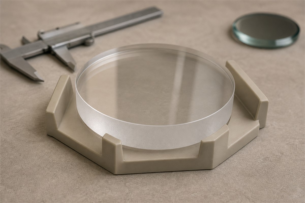 Colorless precision optical glass disk with polished faces and a frosted edge in a metrology cradle