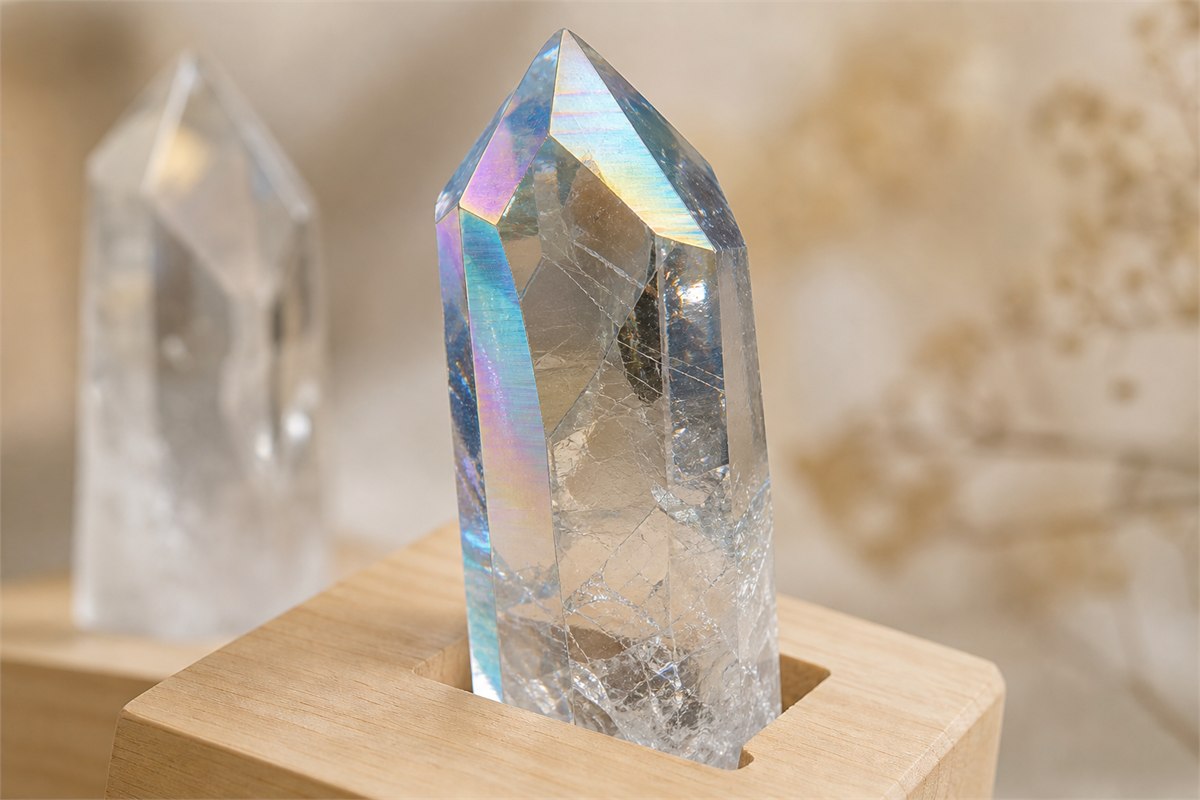 Clear quartz point with blue, teal, gold, and pink interference colors confined to its outer facets and edges