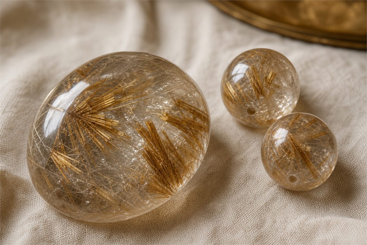 Quartz cabochon and drilled beads containing coarse reflective bundles of golden rutile needles