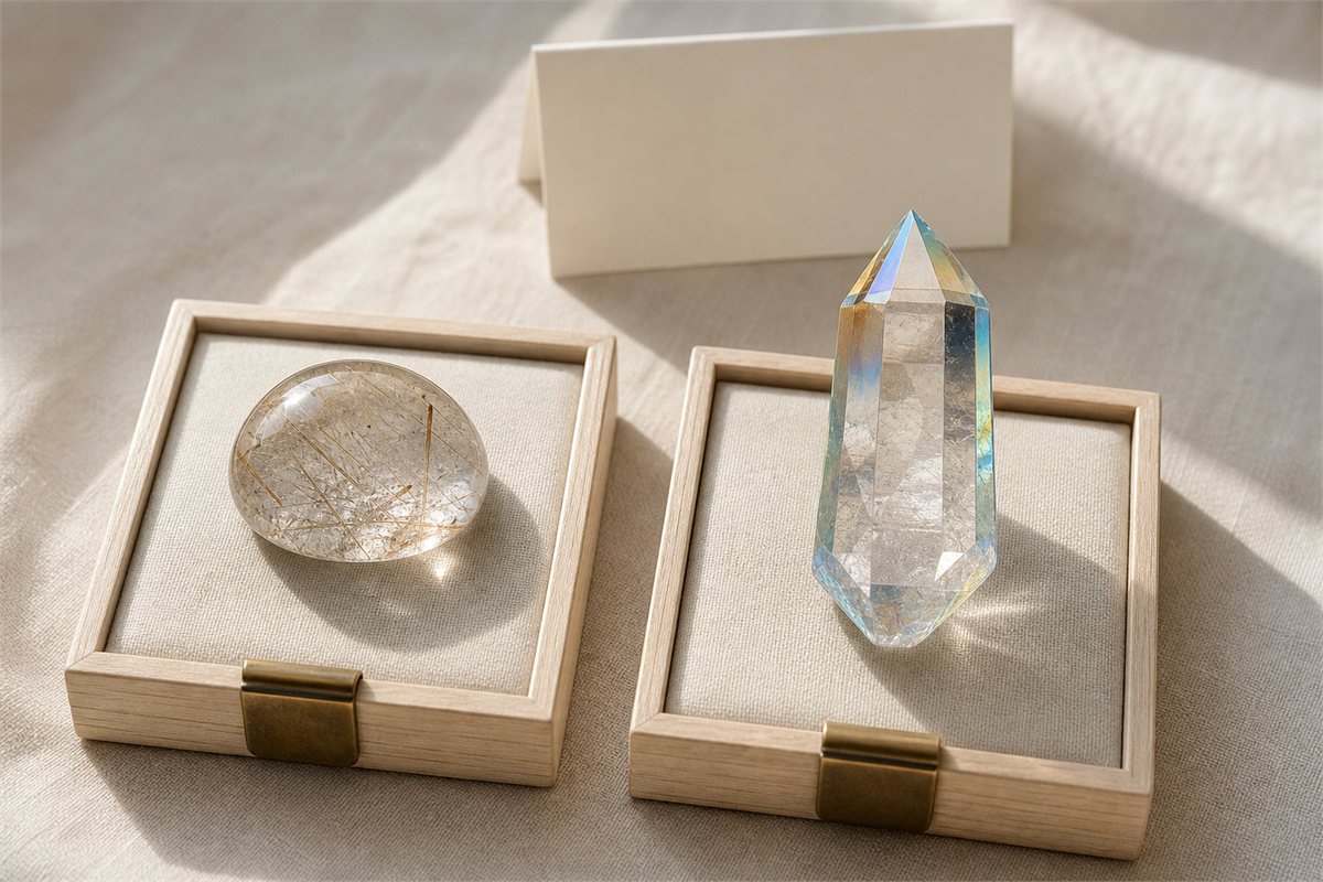 Rutilated quartz cabochon and surface-coated quartz point displayed in separate presentation trays