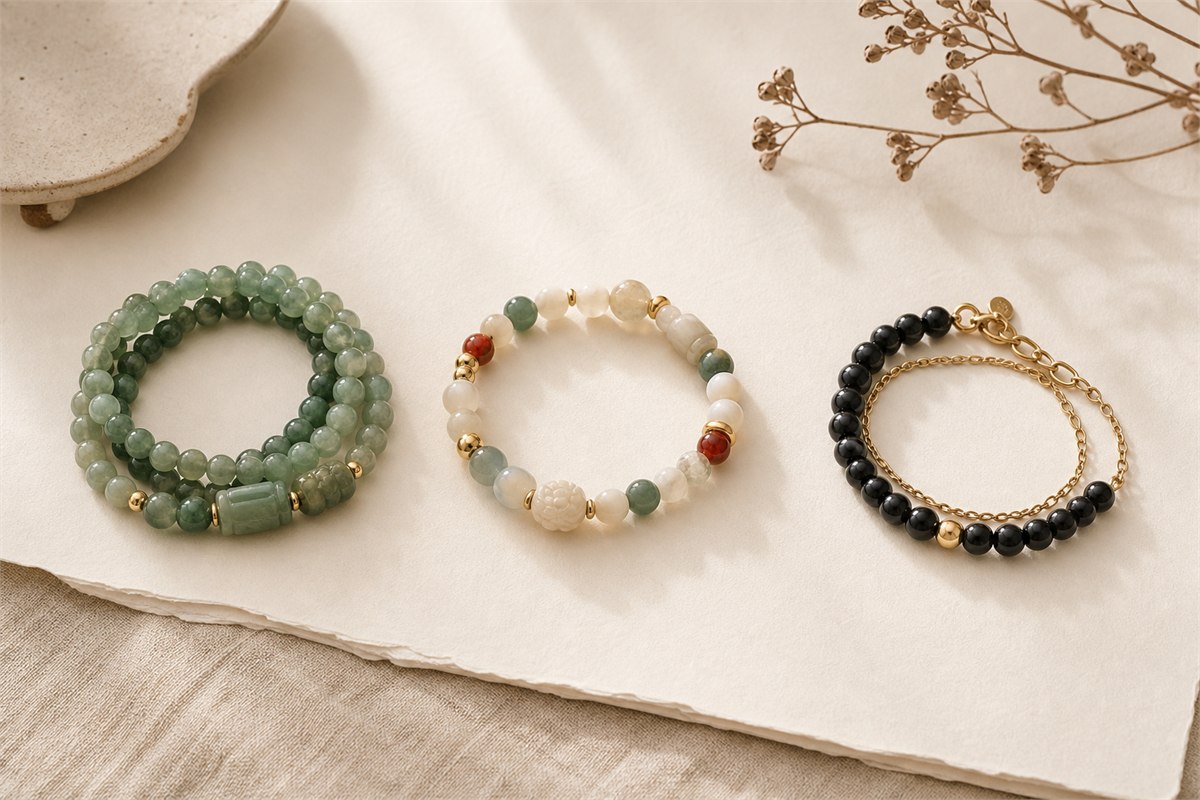 Tonal green stack, balanced multicolor bracelet, and black bead bracelet with a fine gold chain