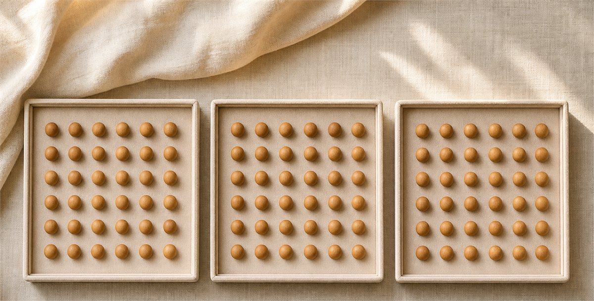 Three trays each holding a six-by-six grid of wooden beads for 108 beads in total