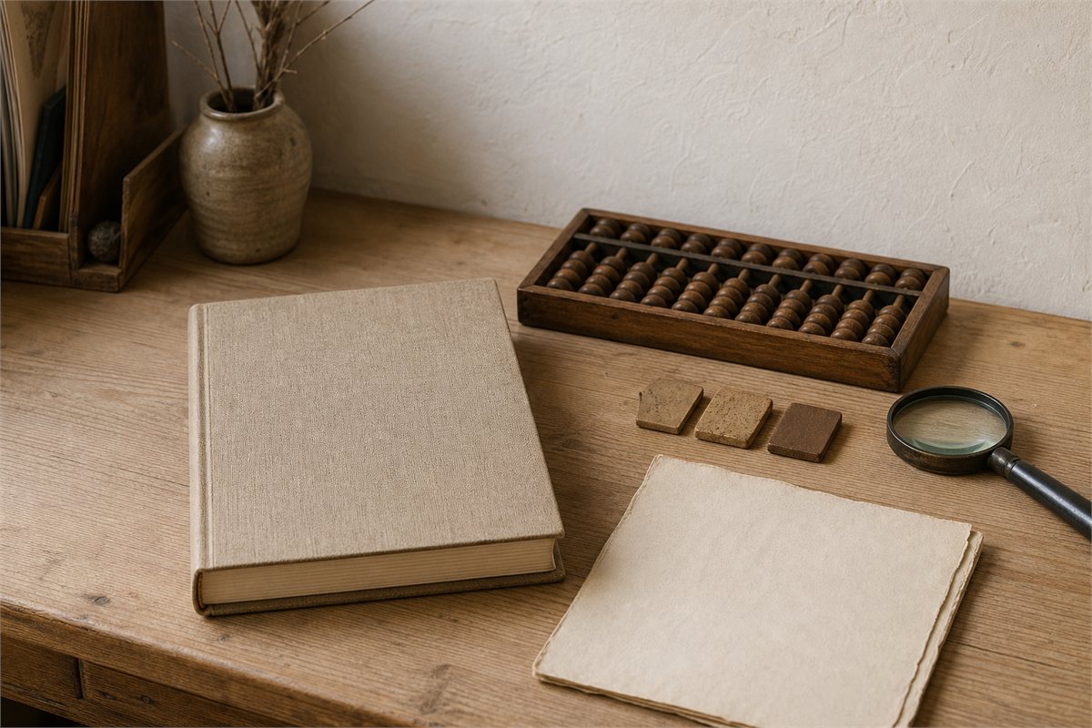 Blank clothbound book, wooden counting frame, sample tiles, and magnifying glass on a study desk