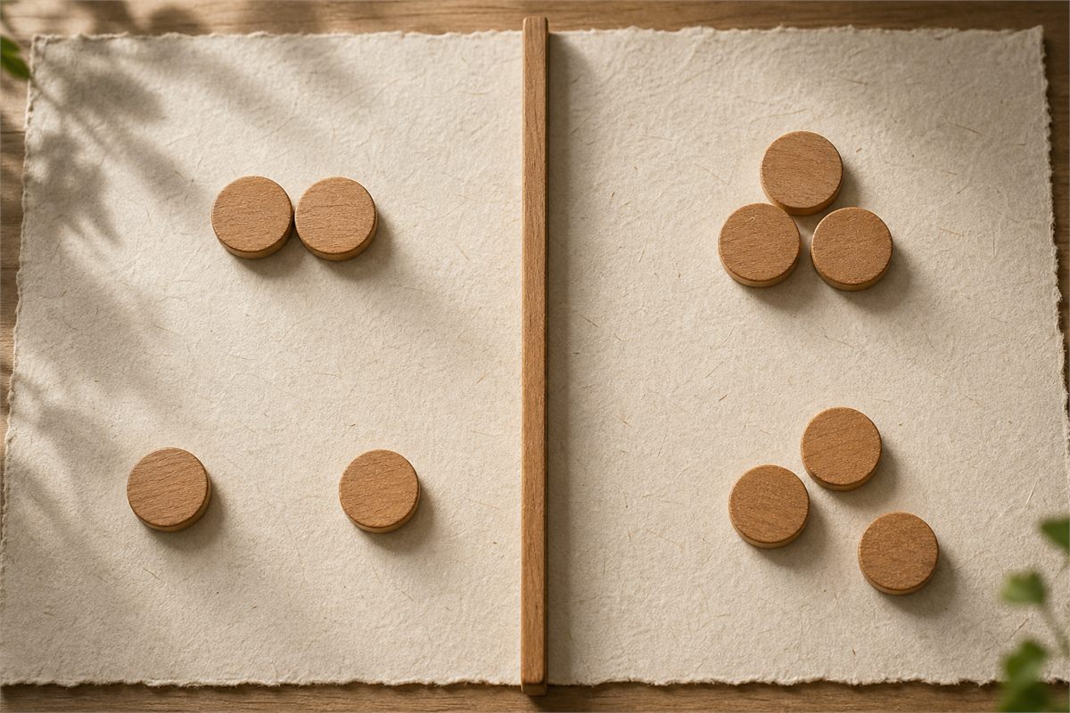 Neutral groups of wooden calendar tokens arranged for comparison on a scholar’s table