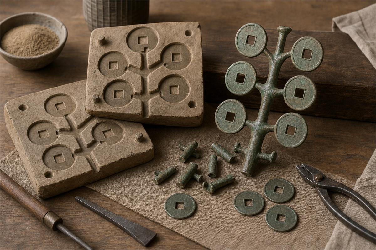 Inscription-free square-holed coin casting tree beside moulds and hand tools