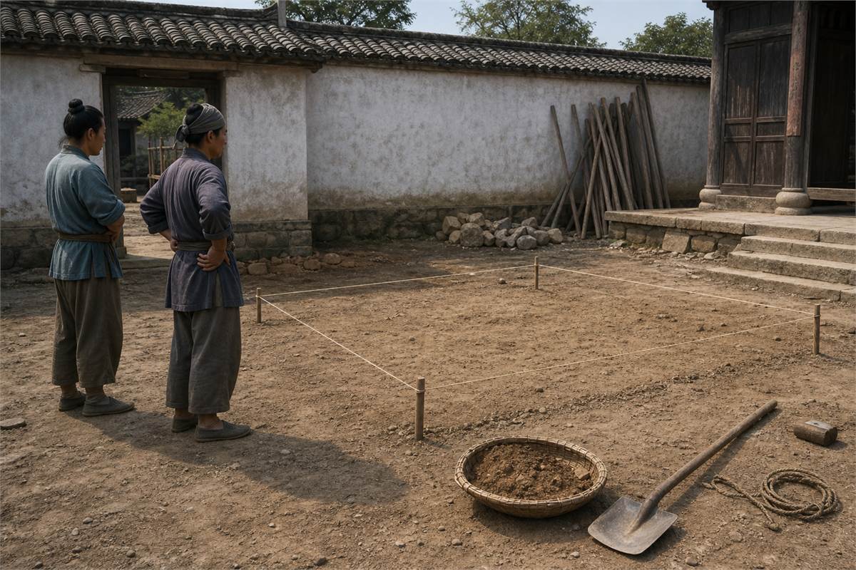 Two historical workers with earthwork tools pausing outside a clearly marked square ground boundary