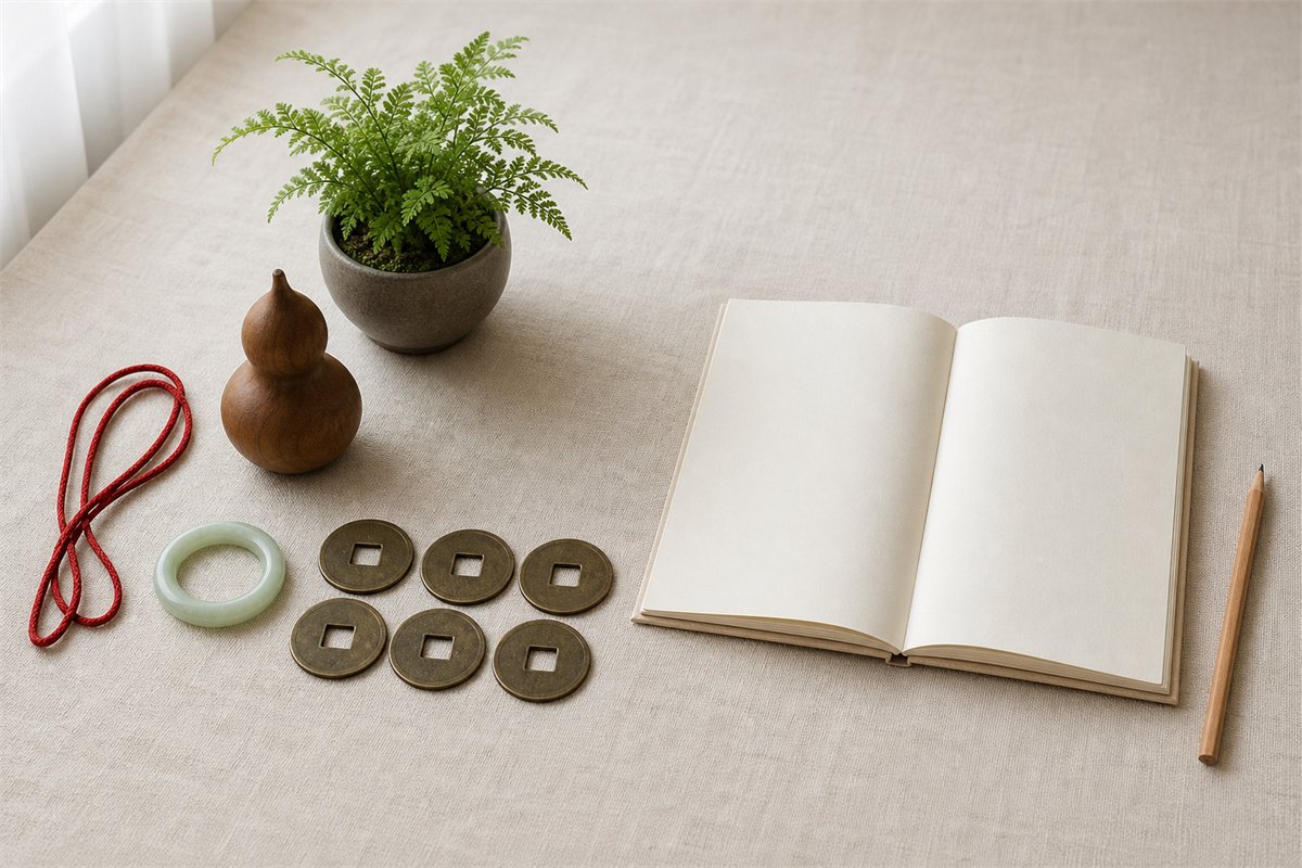 Red cord, jade ornament, wooden gourd, coins, and plant arranged beside a blank notebook