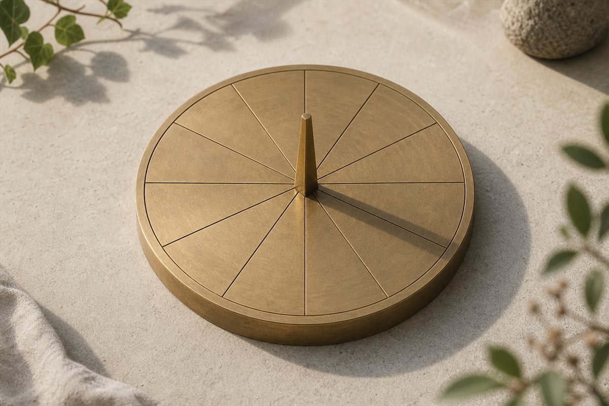 Unlabeled twelve-segment brass dial casting a late-morning shadow