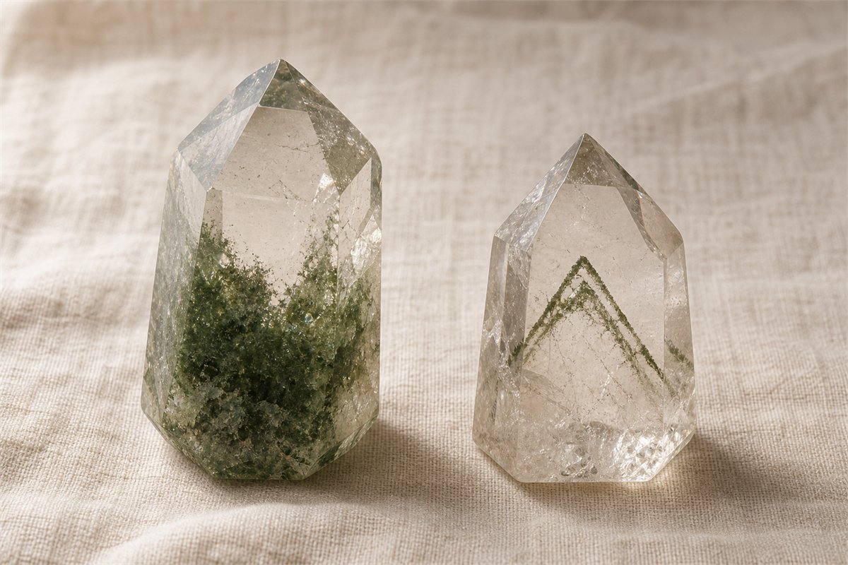 Two transparent quartz specimens showing lower-concentrated green inclusions and a triangular phantom outline