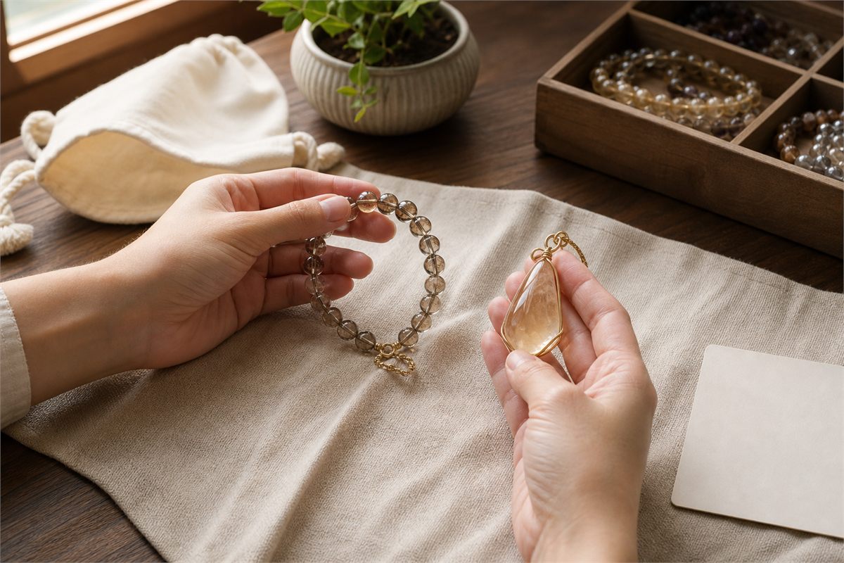 Treated quartz jewelry examined under soft light beside a care cloth and protective storage pouch