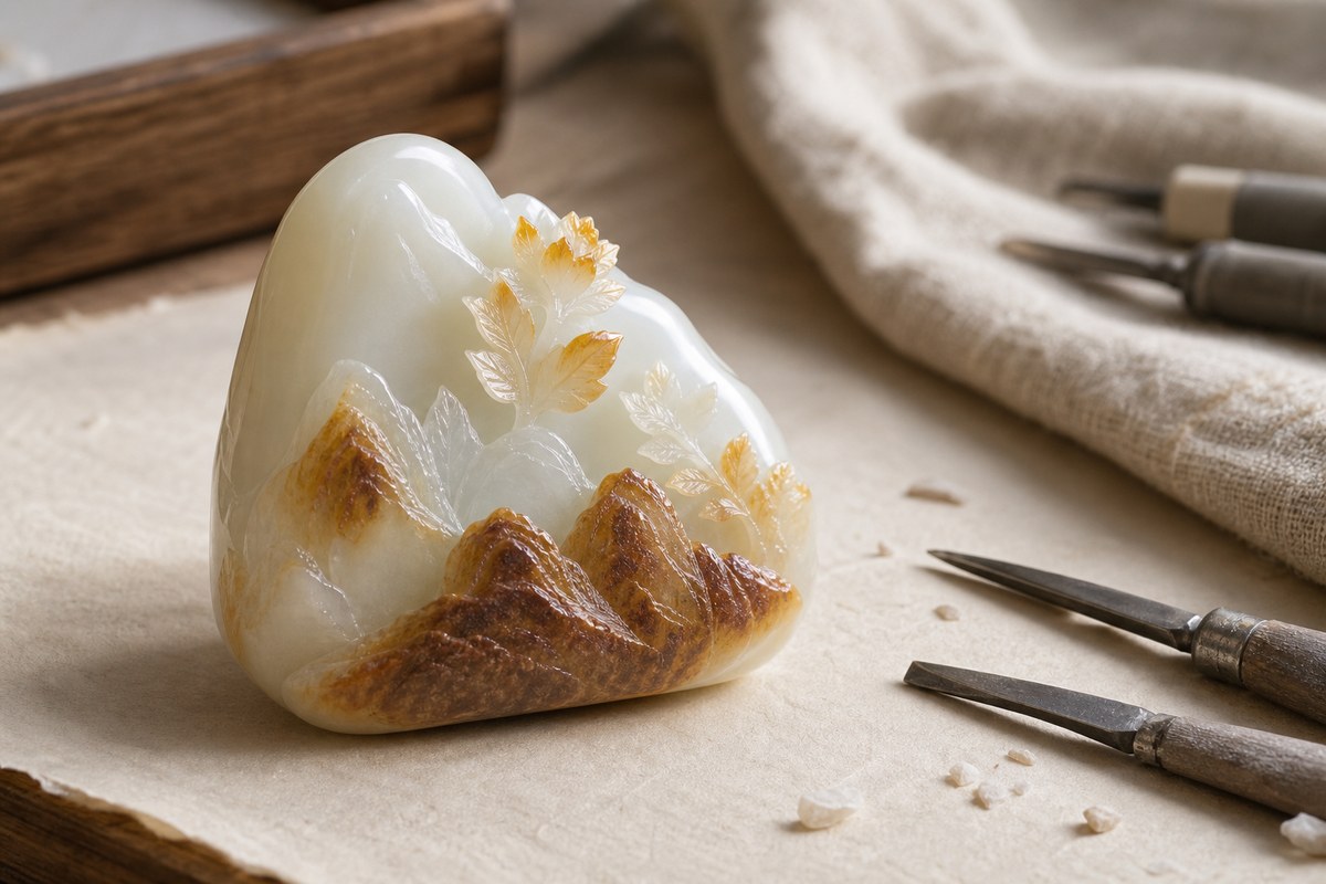 Qiaose jade carving (俏色玉雕) turning mineral stain into mountain and leaf details