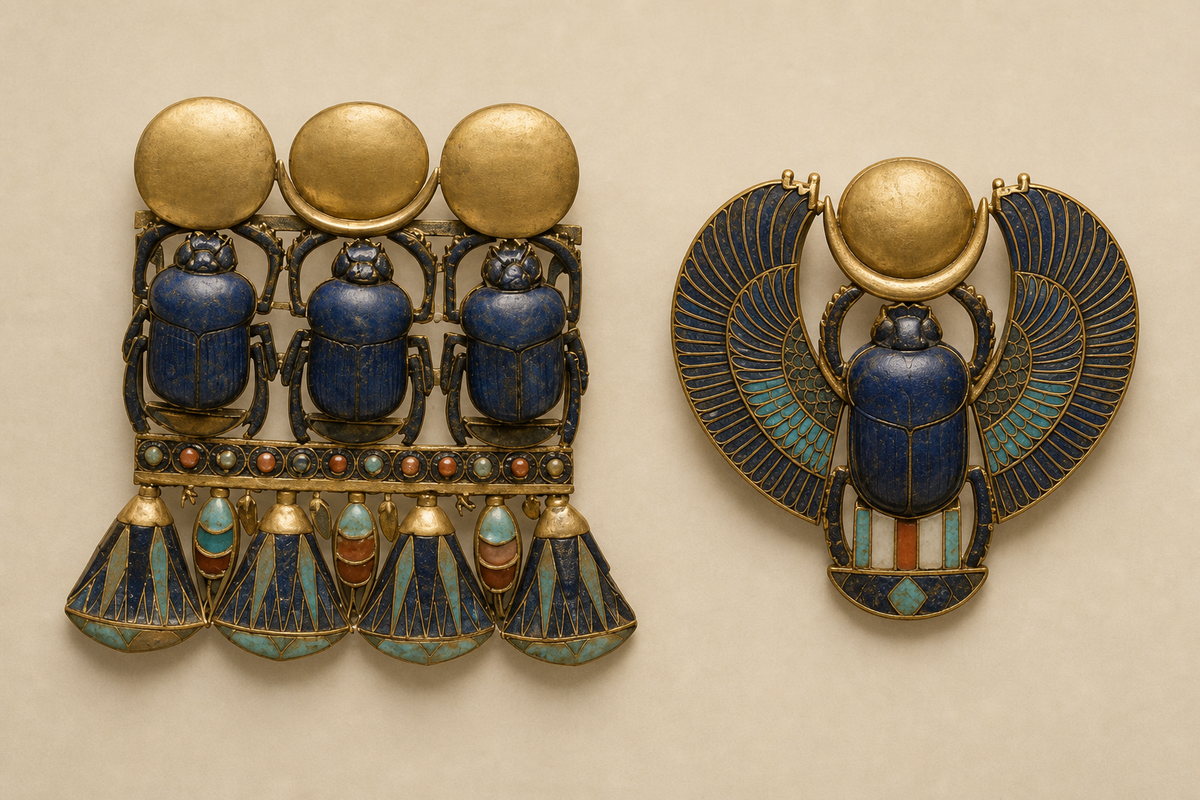 Triple deep-blue scarab pectoral with three disks beside a single winged scarab pectoral with a round disk