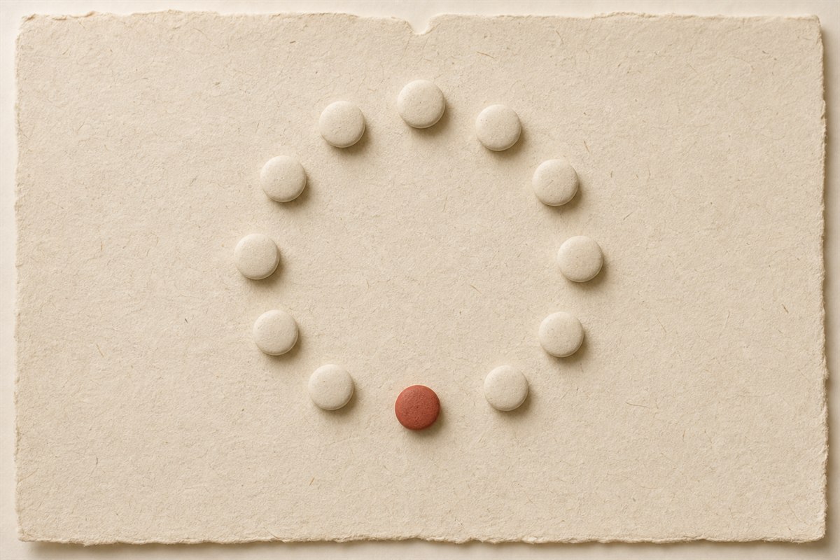 Circle of twelve clay markers with the sixth marker highlighted in muted cinnabar