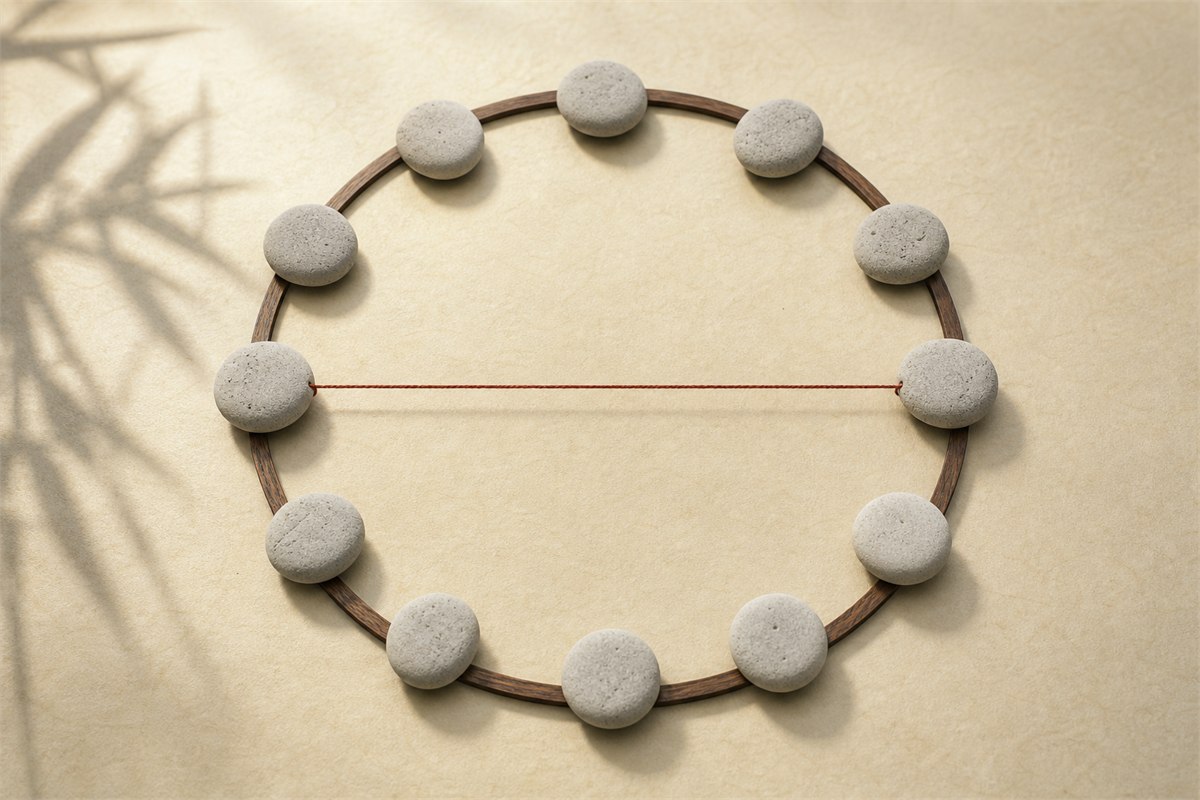 Twelve stone markers evenly spaced around a circular wooden ring