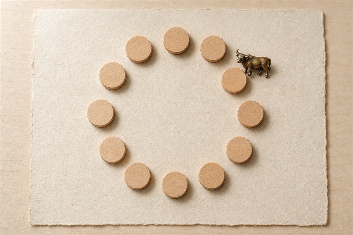 Twelve wooden tokens in a circle with a small bronze ox marking the second position