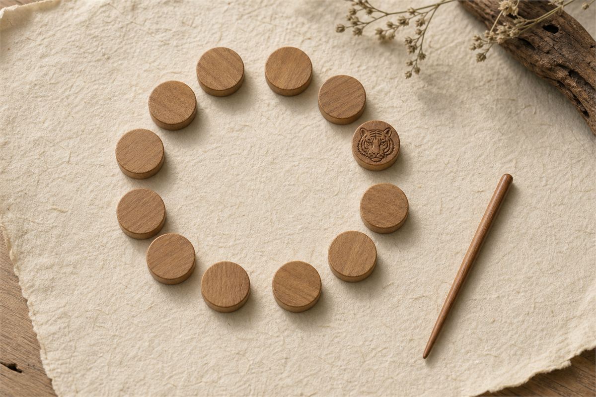 Twelve wooden calendar markers in a circle with the third marker carrying a subtle Tiger relief