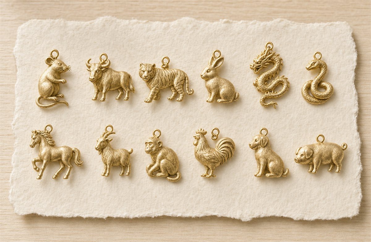 Twelve gold Chinese zodiac charms in order: Rat, Ox, Tiger, Rabbit, Dragon, Snake, Horse, Goat, Monkey, Rooster, Dog, and Pig