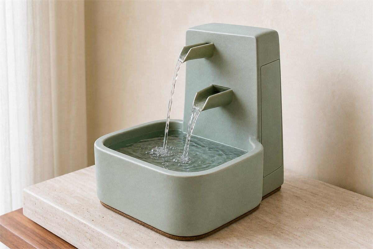 Ceramic tabletop fountain with two water outlets feeding one basin