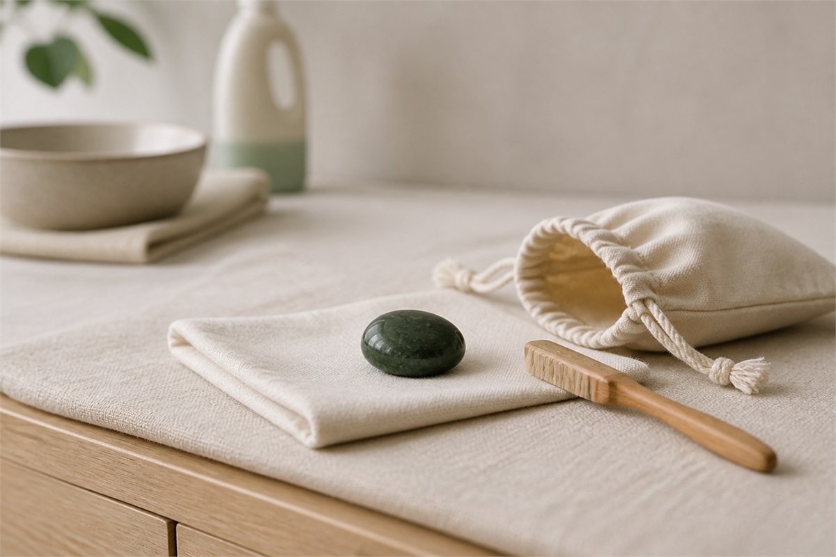 Unidentified dark green polished stone on a dry cloth beside a soft brush and open individual fabric pouch