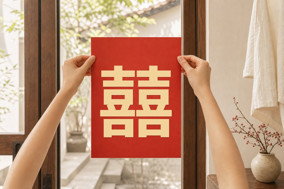 Two hands centering an upright Double Happiness paper decoration on a glass door in daylight