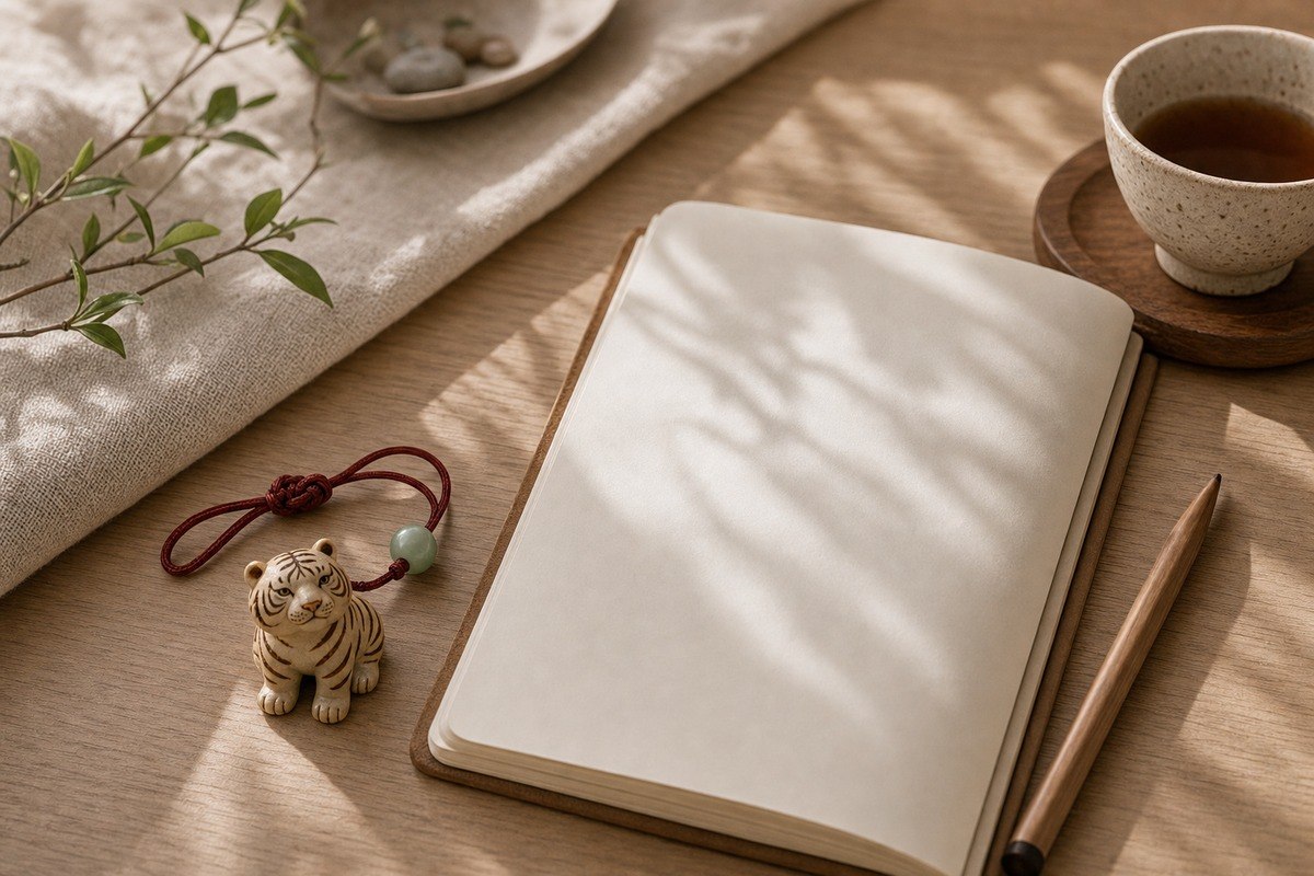 Tiger zodiac keepsake beside a blank notebook, tea cup, jade bead, and red cord on a warm desk.