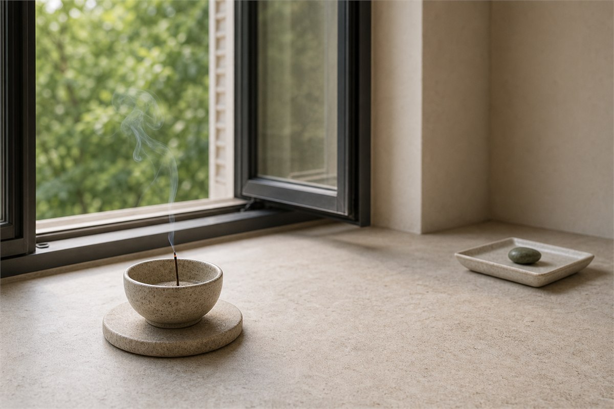 Thin incense smoke in a heavy ceramic holder beside an open window with a polished stone on a distant separate tray