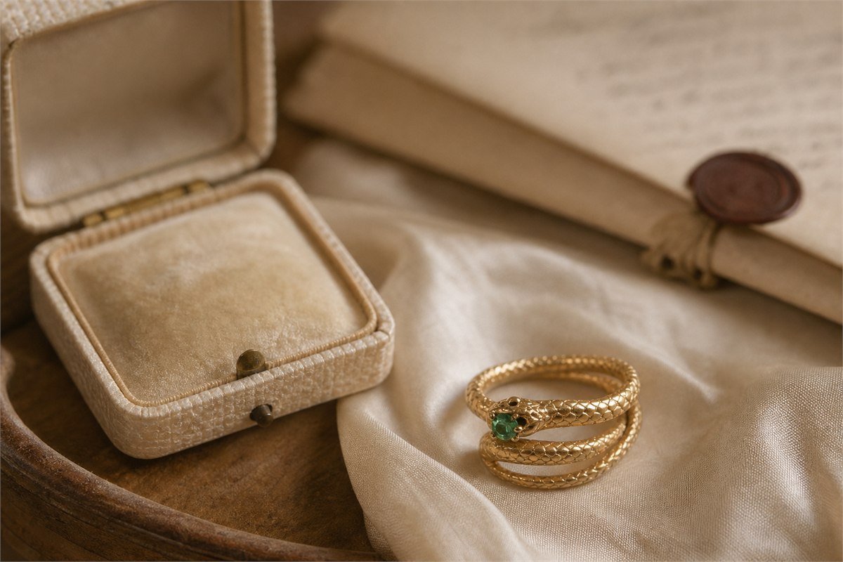 Victorian-inspired coiled gold serpent ring with an emerald beside an ivory box and blurred letter