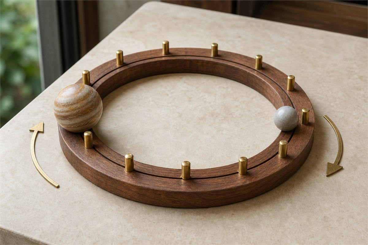 Unlabeled circular teaching model with twelve brass pegs, two opposing sphere markers, and directional arrows